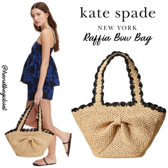 Kate Spade X Target Raffia Straw Beige and Black Bow Tote Bag - Picture 1 of 5